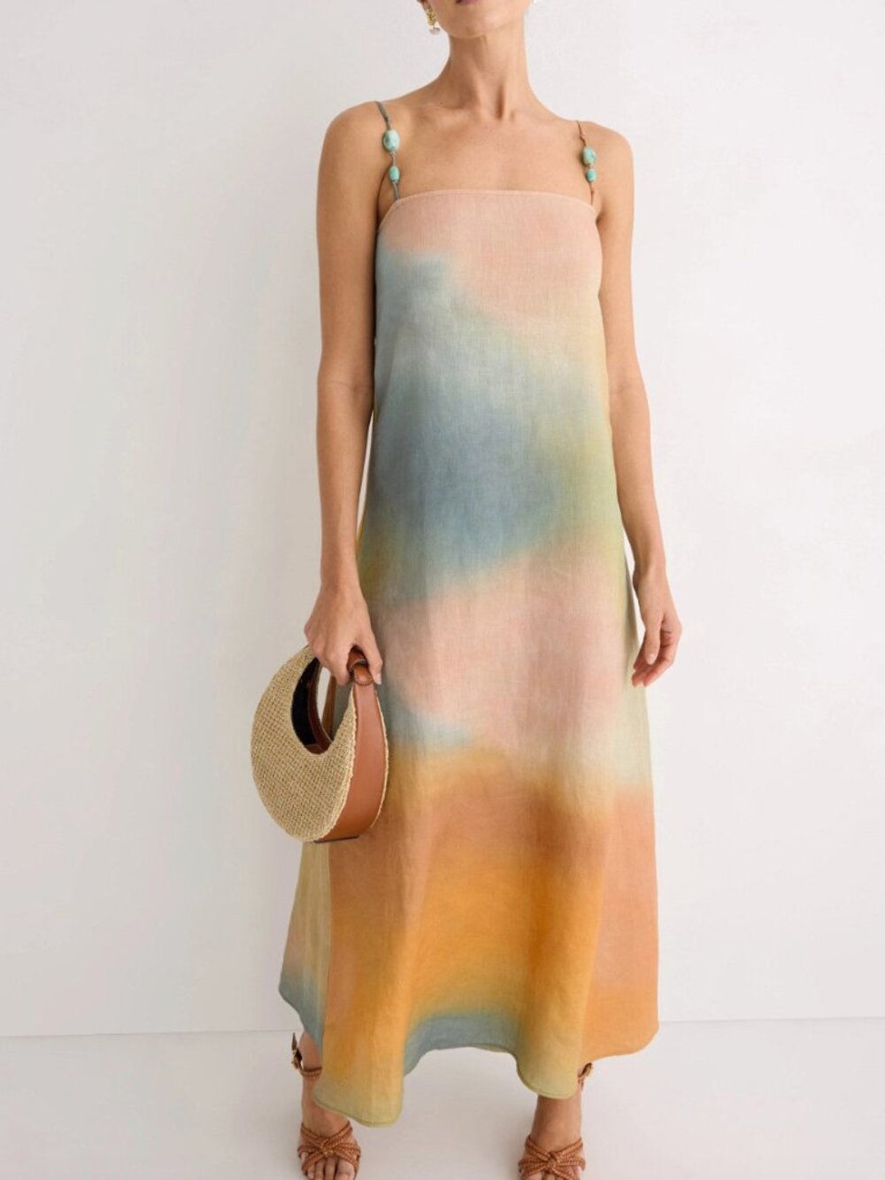 STAUD LAURA LINEN DRESS Boho Tie-Dye Slip Maxi Dress in Multicolor